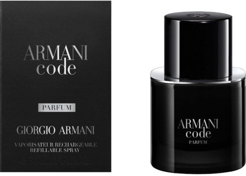 Eine schwarze Box und Flasche mit Armani Code Parfüm, weißer und silberner Text, elegantes Design.