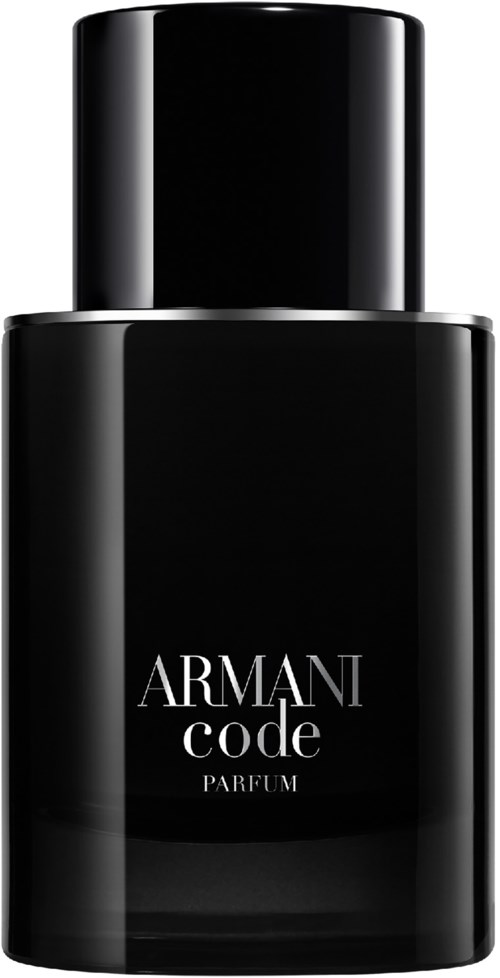 Een zwart parfumfles met zilveren tekst die zegt 'Armani code Parfum'.