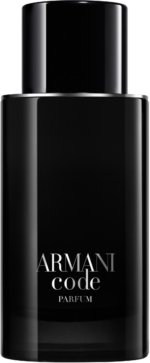A black perfume bottle with a silver cap, labeled 'Armani Code Parfum' in white text.