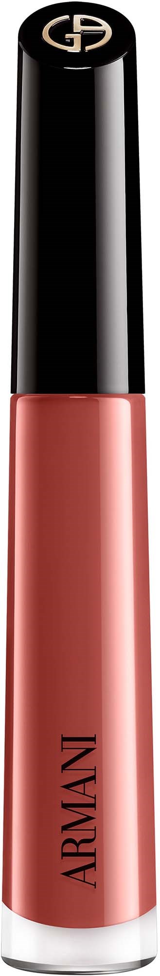 A liquid lipstick in a transparent tube with a black cap, Armani logo on top, and peach-colored product visible.