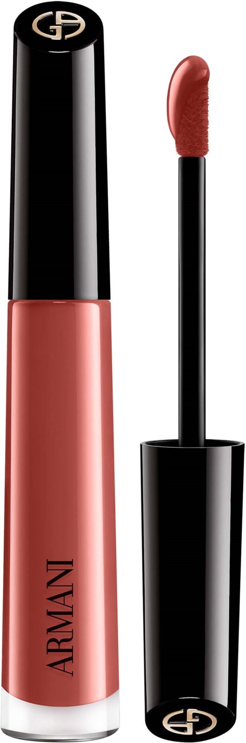 Lip gloss tube with Armani logo on black cap and applicator wand with pink gloss.