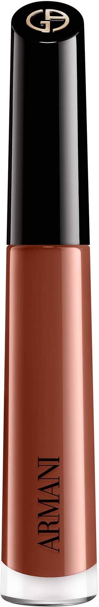 A bottle of Armani lipstick with a black cap and transparent body showing the nude shade inside.