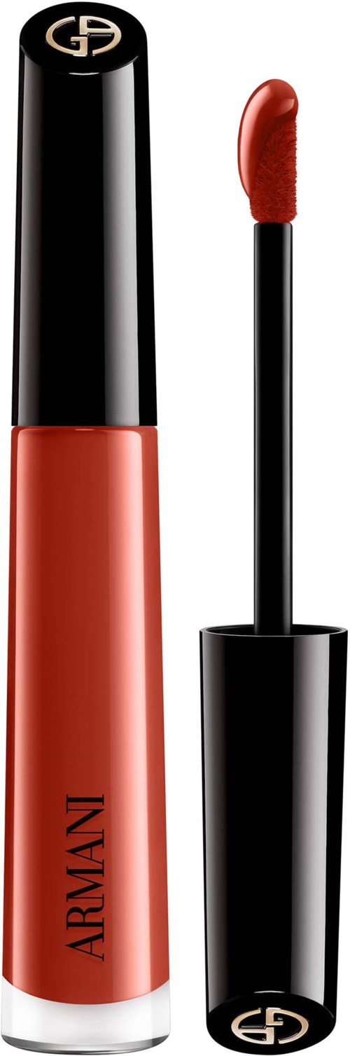 Liquid lipstick in a black and gold tube with a blurred red shade swatch and brand logo on cap.