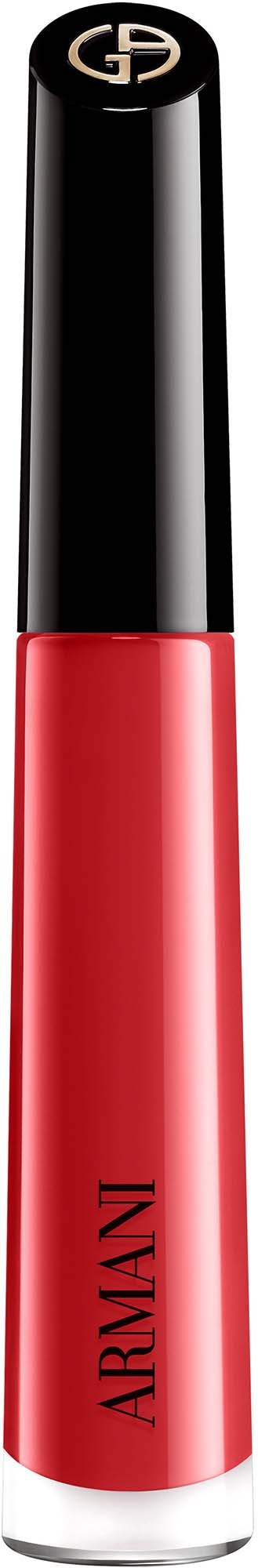 Armani lip gloss in a clear tube with black cap, displaying pink color and Armani logo on the cap.