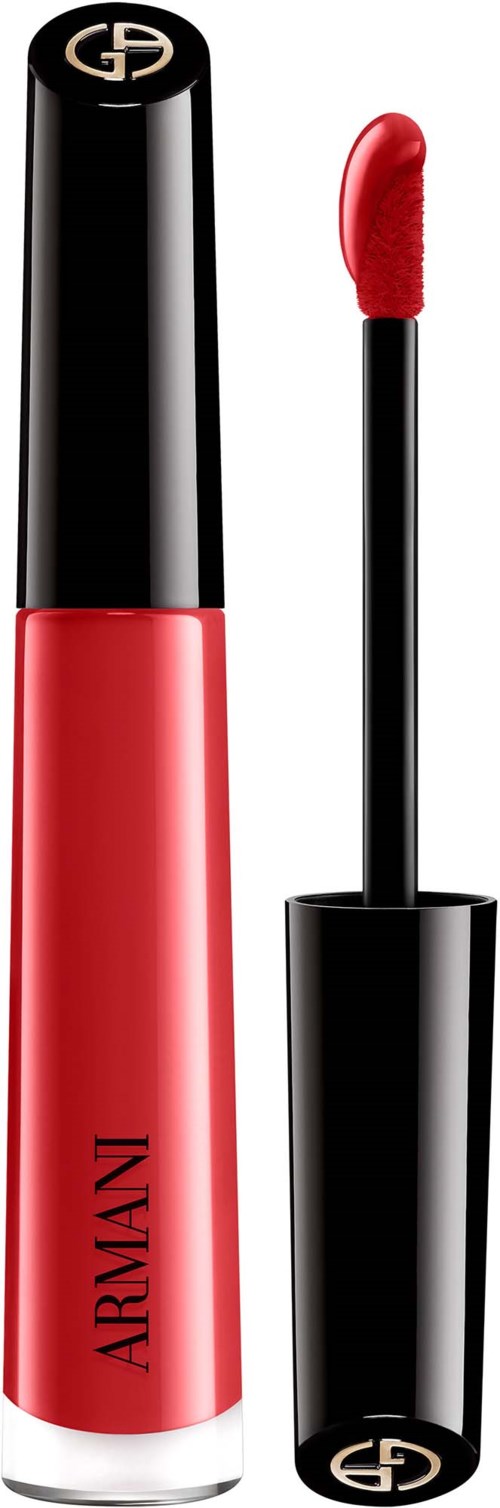 Red lipstick in a black and gold Armani tube with the cap removed showing the applicator.