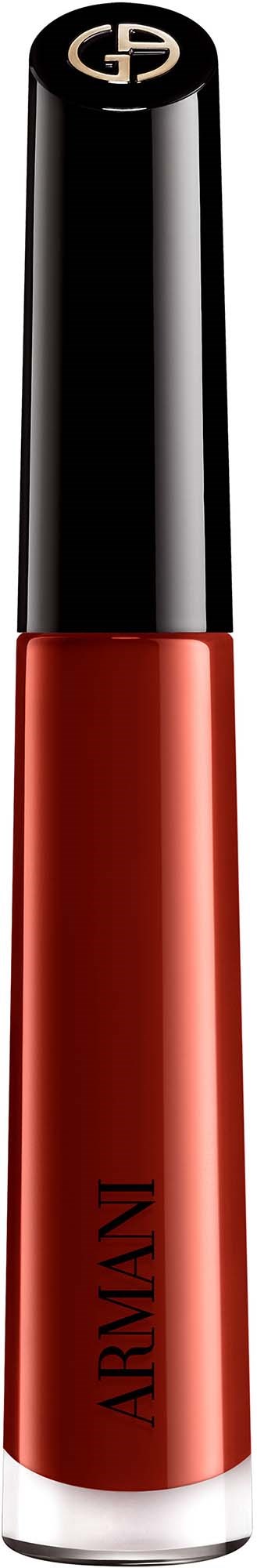 Lip gloss in a red shade with a black cap and Armani logo, shown against a black background.