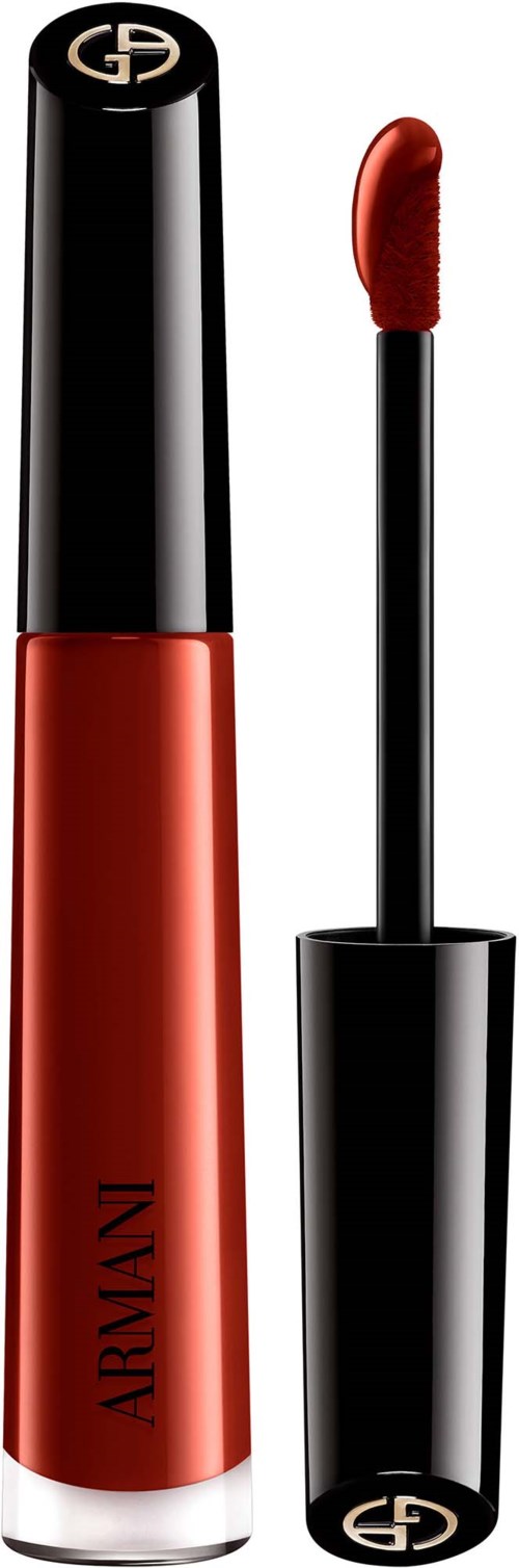 Red Armani lip gloss with a black cap and gold logo, with the applicator beside it.