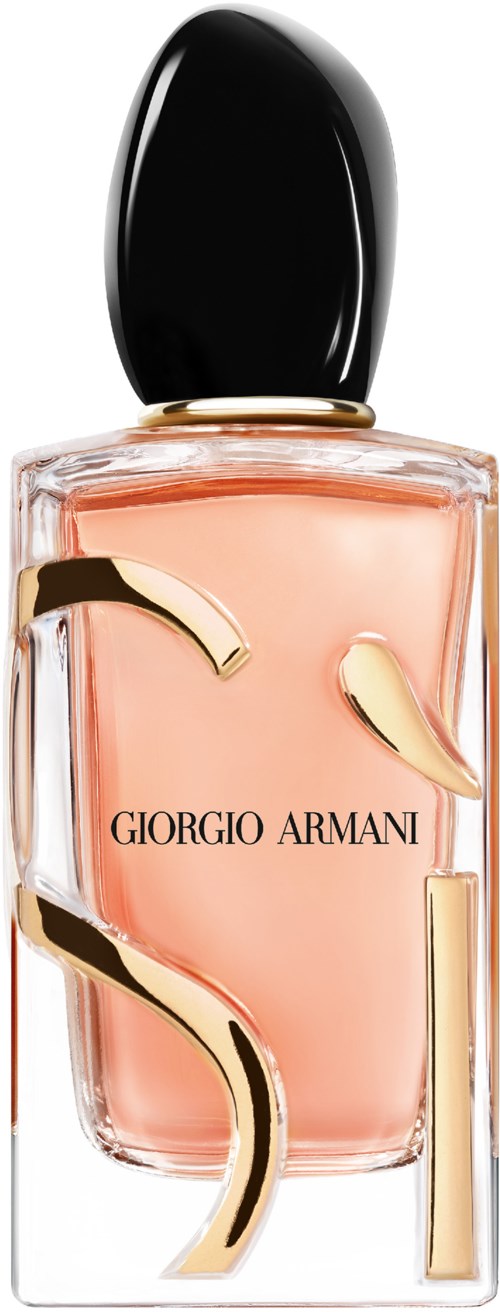 Ein Giorgio Armani Parfümflasche mit schwarzem Deckel und goldenen Akzenten, Inhalt ist rosa.