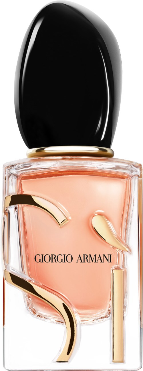 A Giorgio Armani nail polish bottle with a black cap and a light pink liquid inside, decorated with gold accents.