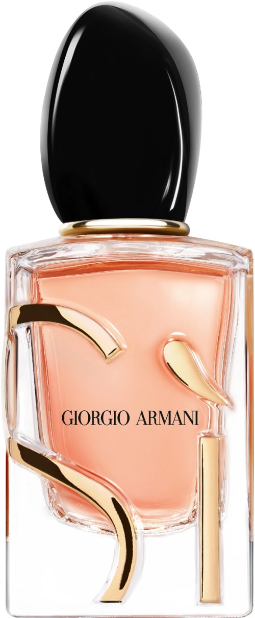 Hajuvesipullo, jossa on musta korkki ja persikan värinen neste, nimetty 'Giorgio Armani' kullalla koristeltu.