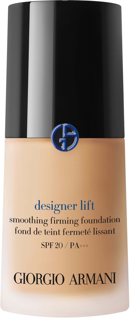 En flaska med Giorgio Armani foundation kallad 'designer lift', med svart lock och beige vätska inuti, märkt SPF 20.