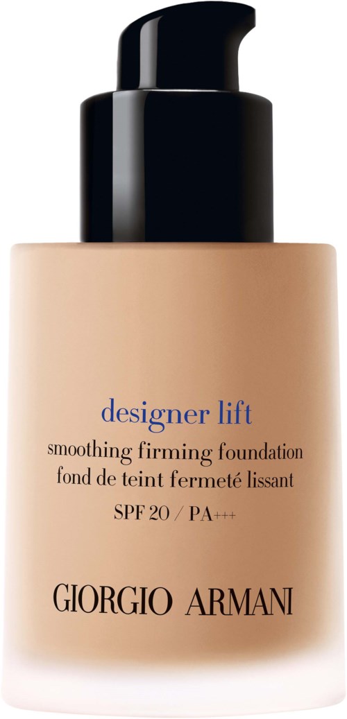 En beige foundation-flaska med svart pump, märkt 'designer lift', SPF 20, av Giorgio Armani. Enkel och elegant design.