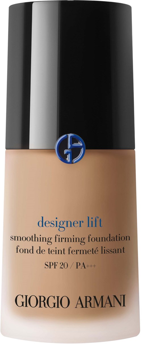En flaska Giorgio Armani 'designer lift' foundation med SPF 20, svart lock och beige vätska inuti. Logga på locket.