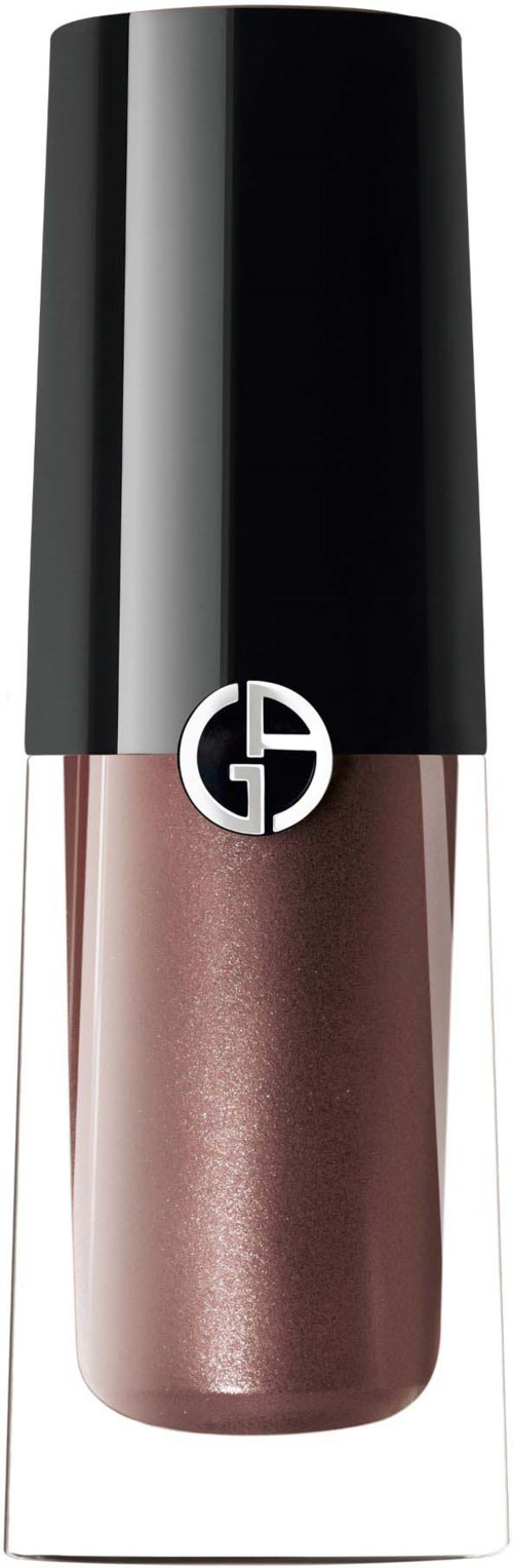 Een nagellakfles met een zwart deksel, logo en glanzend roségouden vloeistof.