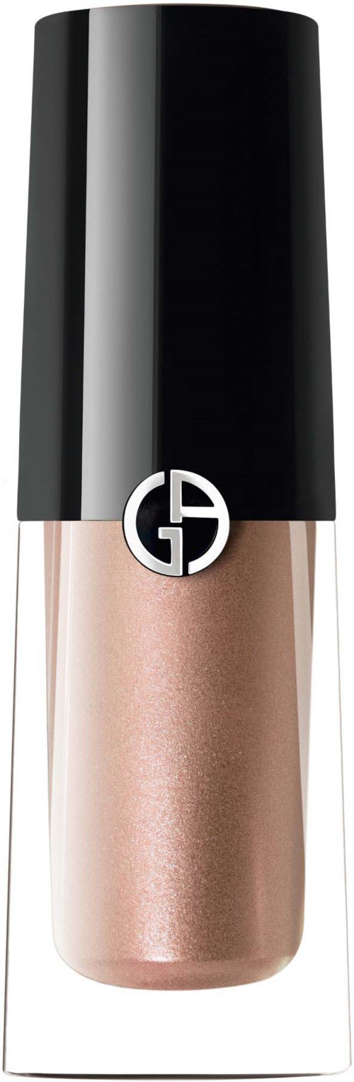 Giorgio Armani nestemäisen meikkupullo mustalla kannella ja hohtavalla vaaleanbeigellä sisällä.