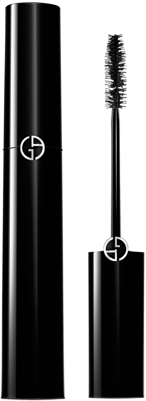 Ein schwarzer Mascara-Tiegel mit Bürste, elegantes Design und Logo auf dem Deckel.