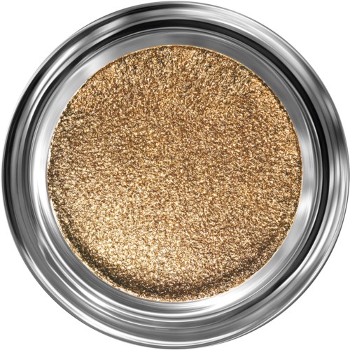 En glitterig, guldögonskugga i rund förpackning med en glänsande silverkant.