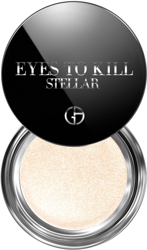 En rund kompakt med svart lock som säger 'EYES TO KILL STELLAR'. Inuti finns en skimrande, ljus ögonskugga.