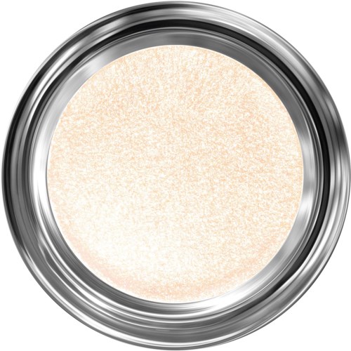 En rund, glänsande, silverfärgad behållare med beige, glittrig puder inuti.