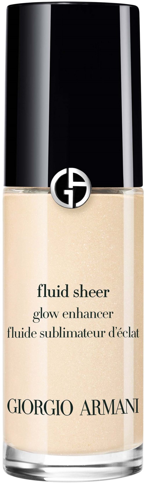 Giorgio Armani Fluid Sheer heleyttäjä, jossa musta korkki ja läpinäkyvä pullo, joka sisältää vaaleaa nestettä.