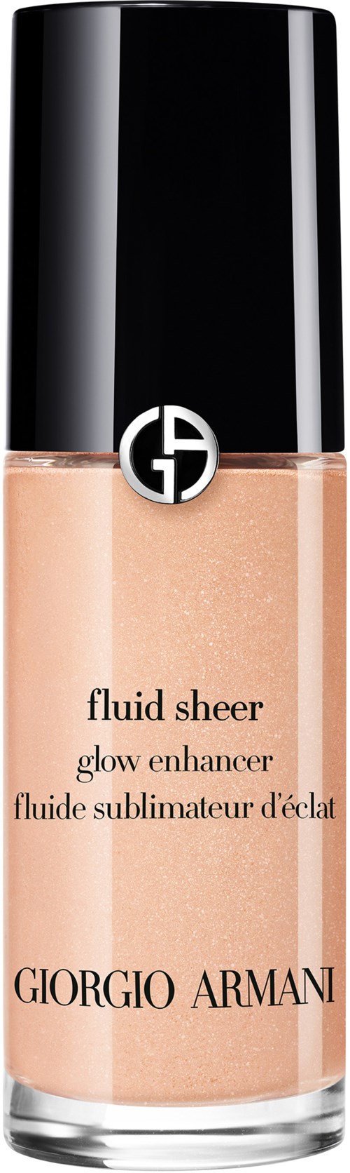 Eine Flasche Giorgio Armani Fluid Sheer Glow Enhancer in hell Pfirsichfarbe mit schwarzem Deckel.