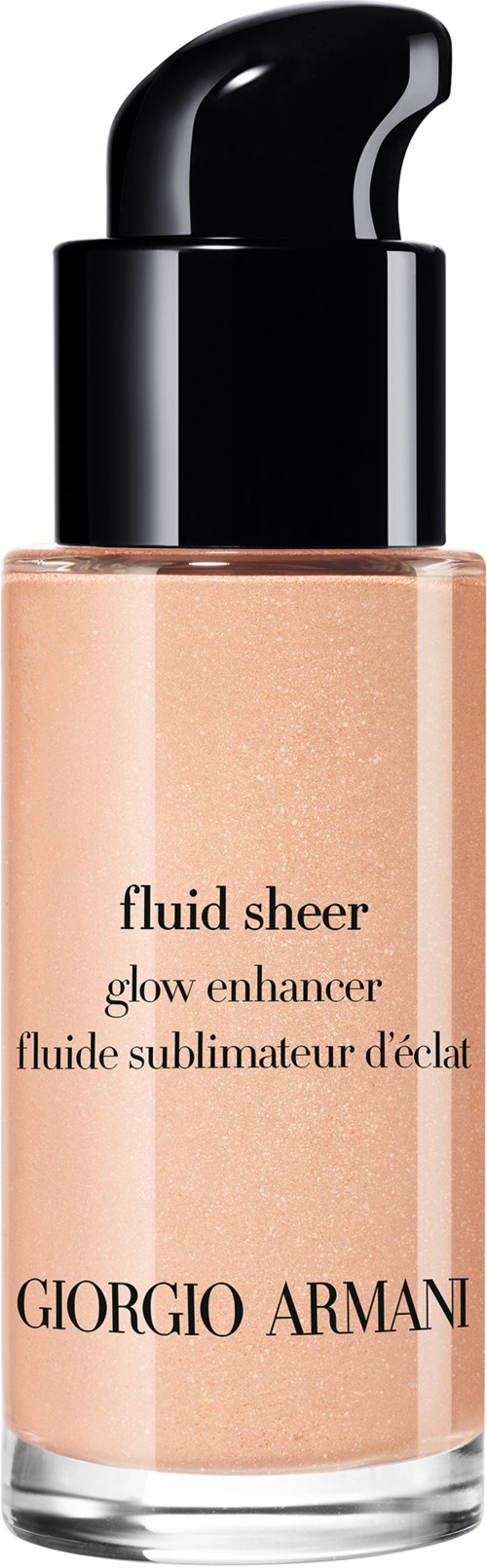 Eine Flasche Giorgio Armani Fluid Sheer Glanzverstärker mit schwarzem Pumpkopf.