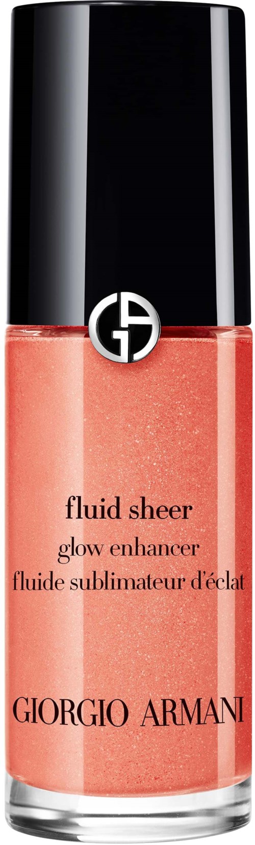 Giorgio Armani -tuote, vaaleanpunainen-oranssi neste läpinäkyvässä pullossa mustalla korkilla ja valkoisella logolla.
