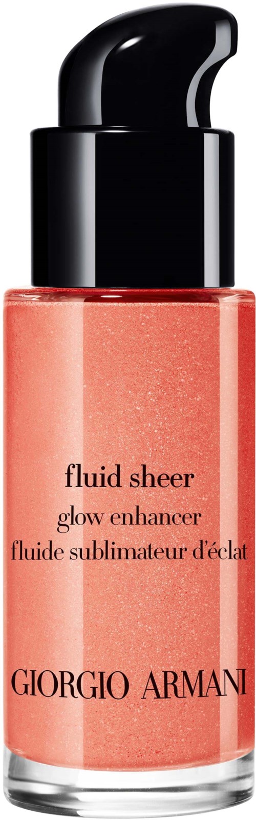 Ruusukultainen nestemäinen meikki kirkastukseen läpinäkyvässä pullossa mustalla pumpulla, nimeltä 'fluid sheer glow enhancer', valmistaja Giorgio Armani.