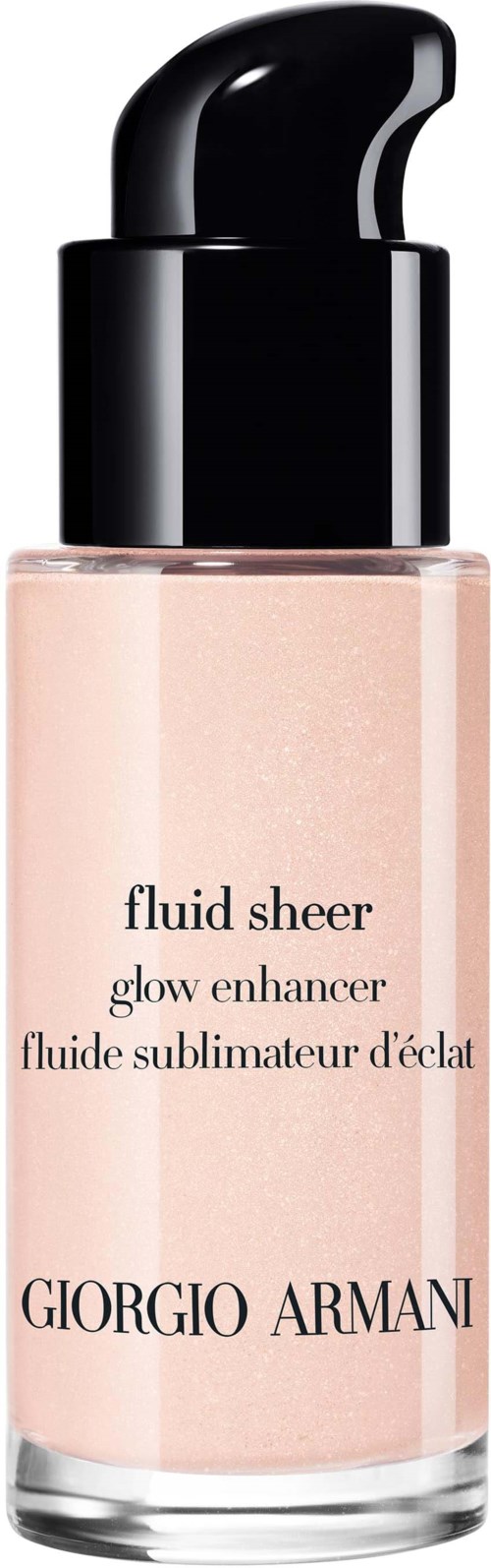 En flaska Giorgio Armani fluid sheer glow enhancer med svart pump och ljus rosa vätska inuti.