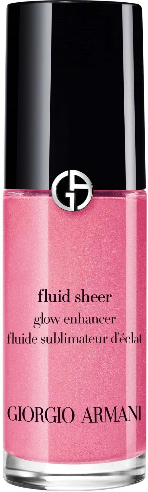 A pink liquid glow enhancer lipstick from Giorgio Armani with black cap and silver logo.