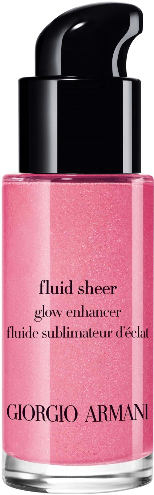 A pink bottle labeled 'Fluid Sheer' by Giorgio Armani with a black pump top.