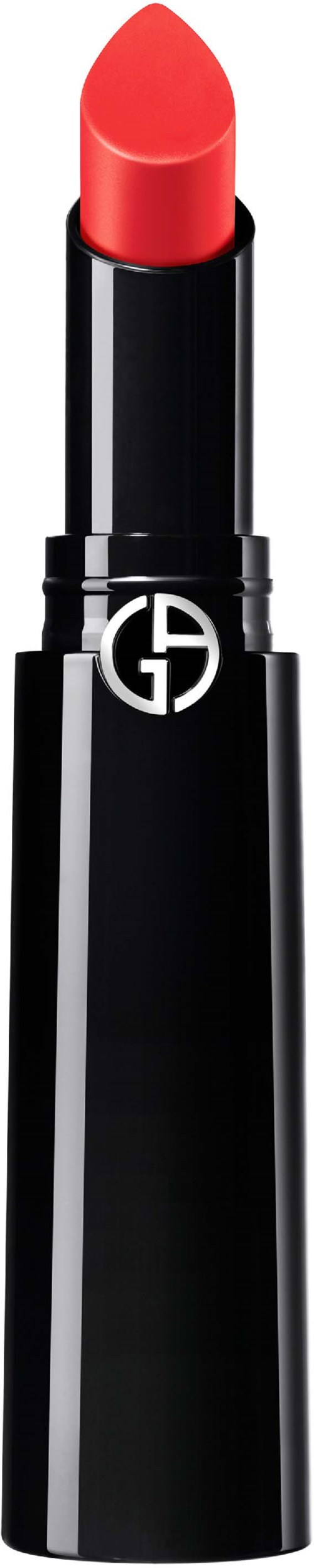 A black lipstick tube with a red lipstick and a logo on the case.
