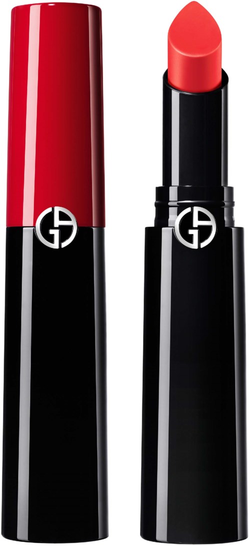 A black and red lipstick with a shiny finish, showing the lipstick out of its tube. The tube has a logo.