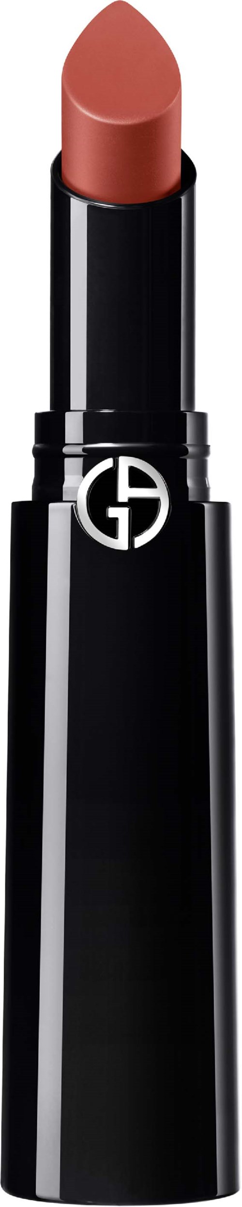 A black lipstick tube with a silver logo, showing a beige lipstick inside.