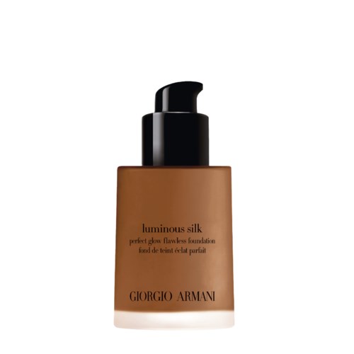 En flaska av Giorgio Armani luminous silk foundation med pump, brunt färg, och svart lock.