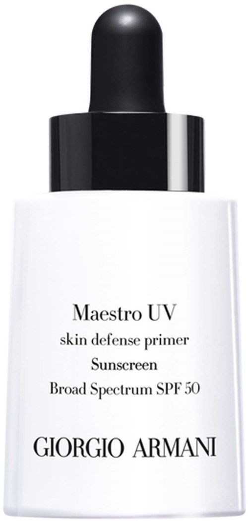 Valkoinen pullo, jossa musta korkki, merkki Maestro UV aurinkovoide Giorgio Armani, SPF 50.