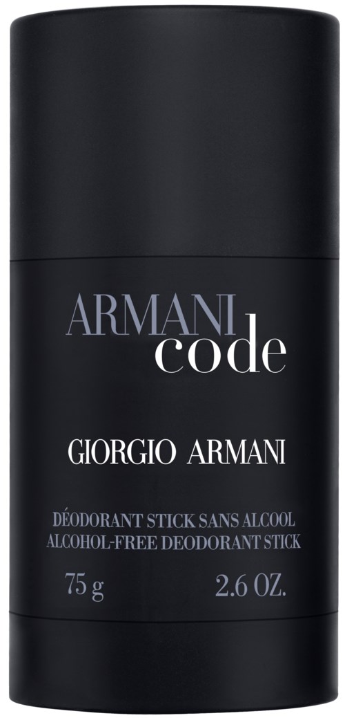 Ein schwarzer Deostickbehälter mit weißen und lila Texten für Armani Code von Giorgio Armani.