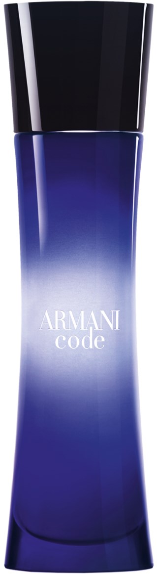 Eine lange, elegante blaue Parfümflasche mit schwarzem Deckel, beschriftet 'Armani Code'.
