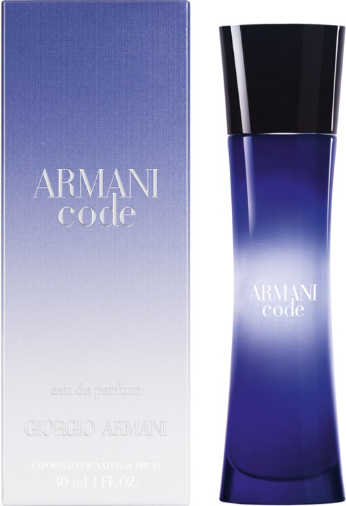 Eine blaue Parfümflasche mit schwarzem Deckel und passender Box, beschriftet "Armani Code".
