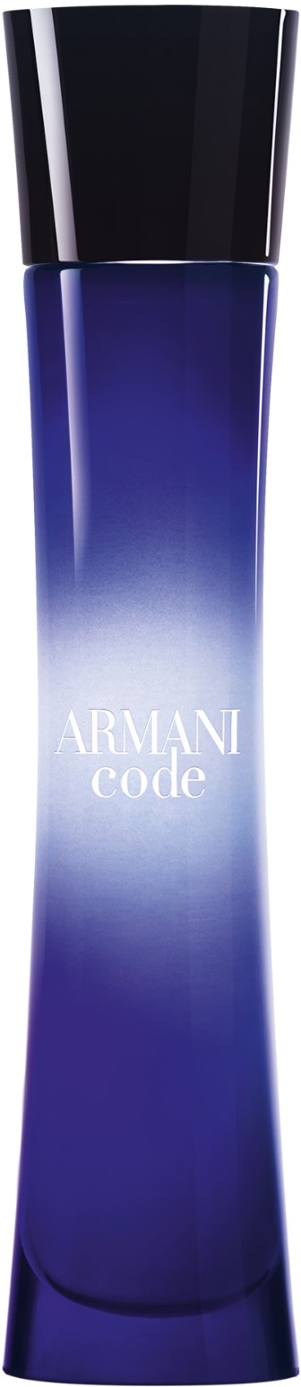 Blue and black bottle, tall and slim, with 'Armani Code' written on it.
