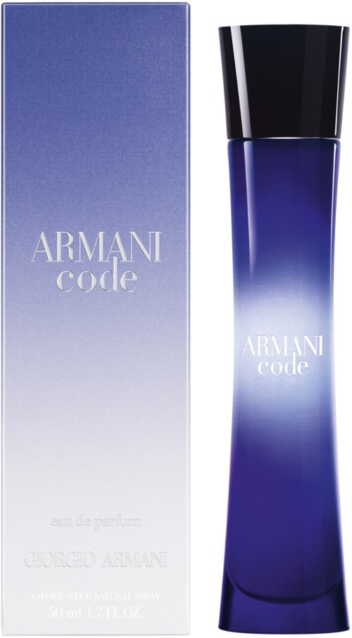 A blue perfume bottle with a black cap and matching box, labeled 'Armani Code'.