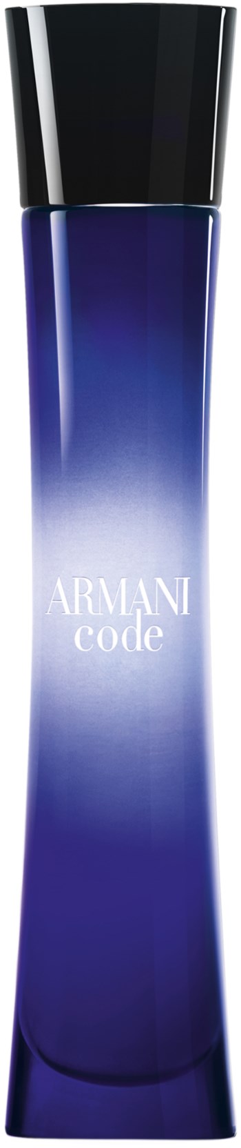Ein langer, schlanker Parfümflakon mit schwarzem Deckel und blauen Farbverlauf, mit der Aufschrift Armani Code.