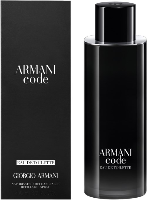 Eine schwarze Parfüflasche mit passender schwarzer Verpackung, beide mit weißen Texten 'Armani Code' und 'Giorgio Armani'.