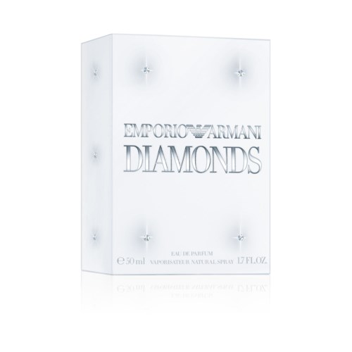 Weiße Parfümbox mit silbernem Text und kleinen dekorativen Lichtern, beschriftet "Emporio Armani Diamonds."
