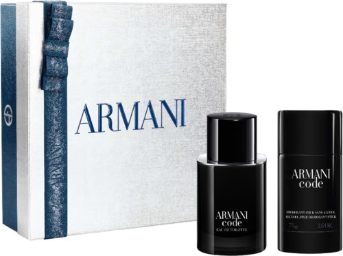 Mustat Armani Code -parfymapullot ja valkoinen Armani-rasia sinisillä ja hopeanvärisillä yksityiskohdilla.