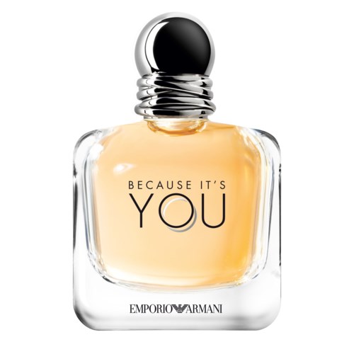 Ein Parfümflasche mit schwarzem und silbernem Deckel, und das Etikett sagt "Because It's You" von Emporio Armani.
