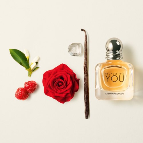 Verschiedene Natur- und Kosmetikartikel, darunter eine Blume, Beeren, ein Stock, ein Stein und Parfüm.