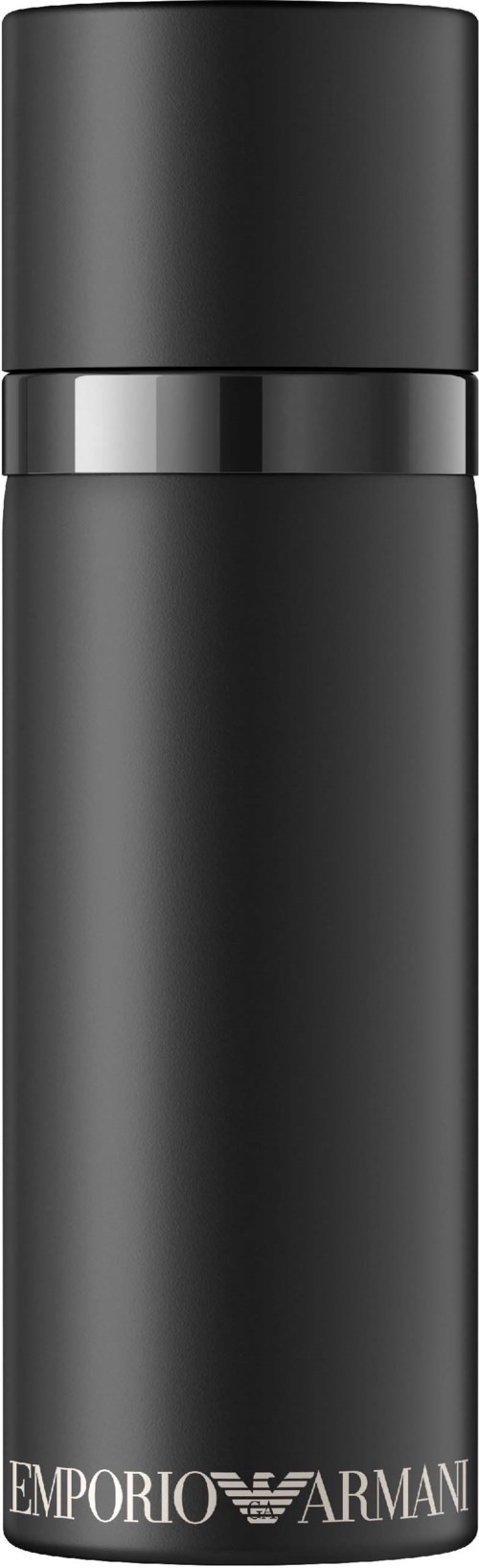 A black perfume bottle with a silver band and the Emporio Armani logo at the bottom.