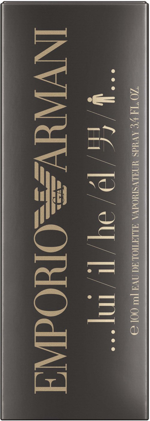 A black box with gold text and logo, showing Emporio Armani men's fragrance with Italian language details.