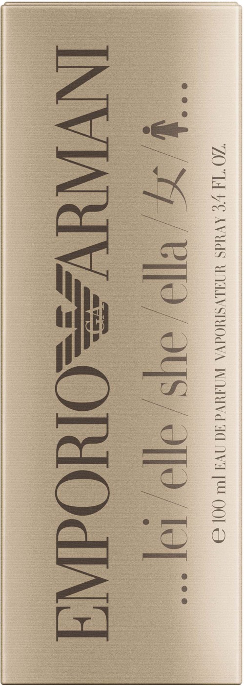 Eine beige Verpackung mit Emporio Armani Parfüm, Logo, Name und Details.